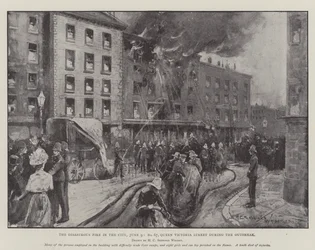 The Disastrous Fire in the City, 9 June, No 67, Queen Victoria Street during the Outbreak